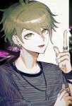  1boy :d amami_rantarou bangs collarbone commentary_request dangan_ronpa_(series) dangan_ronpa_v3:_killing_harmony ear_piercing earrings eyebrows_visible_through_hair green_eyes green_hair hair_between_eyes highres index_finger_raised jewelry long_sleeves looking_at_viewer male_focus necklace open_mouth piercing ring shiny shiny_hair shirt short_hair smile solo striped striped_shirt upper_body wanosaku 