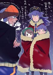  1girl 3boys baseball_cap black_hair black_hoodie blush brown_eyes brown_hair cape champion_uniform cold commentary_request dark_skin dark_skinned_male facial_hair fur-trimmed_cape fur_trim gloria_(pokemon) green_headwear gym_leader hat hood hoodie hop_(pokemon) leon_(pokemon) long_hair looking_at_another multiple_boys open_mouth orange_headwear outline pokemon pokemon_(game) pokemon_swsh purple_hair raihan_(pokemon) red_cape rone shaded_face shirt short_hair sweat tam_o&#039;_shanter teeth trembling undercut yellow_eyes 