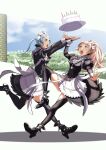  2girls absurdres apron aqua_eyes birthday_cake black_dress black_feathers black_legwear blue_hair bow breasts bridal_gauntlets cake clouds commentary_request day dress dropping feathers felicia_(fire_emblem) fire_emblem fire_emblem_fates flora_(fire_emblem) food grey_eyes high_heels highres juliet_sleeves long_sleeves maid maid_headdress multiple_girls open_mouth outdoors pink_hair ponytail puffy_long_sleeves puffy_sleeves ribbon shadow siblings sisters sky sukkirito_(rangusan) thigh-highs twins waist_apron white_apron white_bow white_ribbon zettai_ryouiki 
