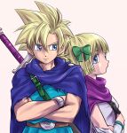  1boy 1girl blonde_hair blue_cape blue_eyes bow bracelet brother_and_sister cape chinyan commentary_request crossed_arms dragon_quest dragon_quest_v gloves green_bow hair_bow hero&#039;s_daughter_(dq5) hero&#039;s_son_(dq5) jewelry looking_at_another looking_to_the_side purple_cape shirt short_hair siblings spiky_hair sword upper_body weapon white_gloves white_shirt 