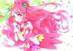  1girl blush choker collarbone cure_grace dress earrings floating_hair flower gloves hair_flower hair_ornament hands_clasped healin&#039;_good_precure highres interlocked_fingers jewelry kyoutsuugengo layered_dress long_hair own_hands_together petals pink_choker pink_dress pink_eyes pink_hair precure shiny shiny_hair short_sleeves solo standing tied_hair very_long_hair white_gloves yellow_flower 