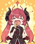  1girl belt blue_archive blush closed_eyes dango eating fang food hair_between_eyes halo horns junko_(blue_archive) military military_uniform necktie open_mouth pointy_ears redhead simple_background solo twintails uniform wagashi wings 