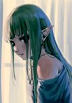  1girl bangs bare_shoulders blue_shirt closed_mouth commentary_request curtains earrings elf eyebrows_visible_through_hair green_hair highres jewelry long_hair looking_at_viewer off_shoulder original pointy_ears red_eyes shirt solo too-ye transparent upper_body window 