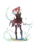  1girl absurdres armor arrow_(projectile) bare_shoulders belt black_footwear black_gloves bow_(weapon) breastplate brown_legwear brown_shorts closed_mouth eyebrows_visible_through_hair fingerless_gloves frills gloves grass hair_between_eyes highres holding holding_bow_(weapon) holding_weapon leaf long_hair official_art original planted planted_arrow ponytail quiver redhead scabbard sheath sheathed shorts single_pauldron smile solo sword thigh-highs thigh_strap turtle vambraces weapon wind yellow_eyes yioshu 