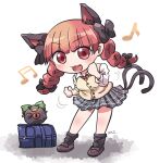  1girl :3 alternate_costume animal_ears arms_up artist_name bag bangs beamed_eighth_notes black_legwear blunt_bangs blush bow bowtie braid breasts brown_footwear cat_ears cat_tail chibi clenched_hands commentary dancing eighth_note extra_ears eyebrows_visible_through_hair fang floating_clothes floating_hair hair_bow hair_ribbon kaenbyou_rin leaning_forward loafers long_sleeves looking_at_viewer miniskirt motion_lines multiple_tails musical_note open_mouth plaid plaid_skirt red_eyes red_neckwear redhead reiuji_utsuho reiuji_utsuho_(bird) ribbon rokugou_daisuke school_bag school_uniform shadow shirt shoes short_hair simple_background skirt solo standing sweater_vest tail third_eye touhou tress_ribbon twin_braids white_background white_shirt 