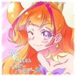  1girl ;) amanogawa_kirara bangs blunt_bangs blush choker collarbone cure_twinkle earrings eyebrows_visible_through_hair go!_princess_precure highres jewelry kyoutsuugengo long_hair one_eye_closed orange_hair portrait precure shiny shiny_hair smile solo star_(symbol) star_earrings strapless violet_eyes yellow_choker 