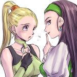  2girls bare_shoulders black_shirt blonde_hair chinyan collarbone commentary_request cosplay costume_switch dragon_quest dragon_quest_xi dress earrings green_dress green_hairband green_shirt hair_ornament hair_scrunchie hairband highres jewelry long_hair martina_(dq11) martina_(dq11)_(cosplay) multiple_girls o-ring o-ring_top orange_scrunchie ponytail purple_hair scrunchie senya_(dq11) senya_(dq11)_(cosplay) shirt sleeveless sleeveless_shirt two-tone_shirt upper_body violet_eyes white_shirt 