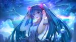  1girl :d blue_eyes blue_hair dress floating_hair hair_between_eyes hands_in_hair hatsune_miku headphones highres kawamatsu_yoshinori long_hair looking_at_viewer off_shoulder open_mouth sleeveless sleeveless_dress smile solo standing twintails underwater very_long_hair vocaloid whale white_dress 