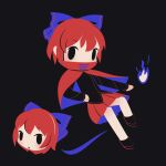  1girl black_background black_shirt black_skirt blue_bow bow capelet chibi cobalta commentary_request disembodied_head eyebrows_visible_through_hair fire flame hair_bow pleated_skirt red_capelet red_skirt redhead sekibanki shirt short_hair simple_background skirt touhou 