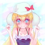  1girl bangs black_shirt blonde_hair blue_eyes blush bow collarbone dokidoki!_precure eyebrows_visible_through_hair hair_between_eyes hair_bow halterneck hat hat_bow kyoutsuugengo long_hair looking_at_viewer precure red_bow regina_(dokidoki!_precure) shirt sketch sleeveless sleeveless_shirt solo upper_body very_long_hair white_headwear 