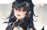  1girl :d bangs black_hair blush earrings eyebrows_visible_through_hair hair_between_eyes hair_ornament highres jewelry ji_dao_ji long_hair looking_at_viewer open_mouth original red_eyes smile solo teeth tongue 