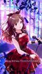 1girl asaitori bow brown_hair character_name dress eyebrows_visible_through_hair feathers hair_bow happy_birthday highres holding holding_microphone idolmaster idolmaster_shiny_colors long_hair microphone open_mouth smile solo tsukioka_kogane wristband 