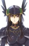  1girl armor black_armor black_hair breastplate closed_mouth feathers helmet highres hrist_valkyrie long_hair murata_tefu simple_background solo valkyrie_profile white_background 