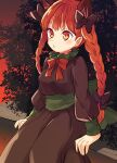  1girl :o animal_ears bangs bow bowtie braid breasts brown_dress cat_ears dress extra_ears eyebrows_visible_through_hair feet_out_of_frame gradient_sky green_sash hair_bow kaenbyou_rin long_hair looking_ahead medium_breasts outdoors parted_lips red_bow red_eyes red_neckwear redhead sash sitting sky solo tomobe_kinuko touhou twilight twin_braids twintails 
