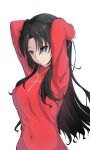  absurdres arms_up black_hair blue_eyes breasts bright_pupils commentary covered_navel fate/stay_night fate_(series) hair_down highres jewelry long_hair looking_away miyoshikakuno navel pendant red_sweater simple_background sweater tight tohsaka_rin upper_body white_background white_pupils 
