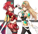  2girls ass back bangs bare_shoulders black_gloves black_legwear blonde_hair blush breasts chest_jewel dress earrings envelope fingerless_gloves gloves highres jewelry large_breasts looking_at_viewer looking_back multiple_girls mythra_(xenoblade) noeomi open_mouth pantyhose pyra_(xenoblade) red_eyes red_shorts redhead short_dress short_hair short_shorts shorts smile super_smash_bros. swept_bangs thighs tiara wax_seal white_dress xenoblade_chronicles_(series) xenoblade_chronicles_2 yellow_eyes 