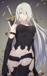  1girl android bare_shoulders black_gloves black_legwear blue_eyes breasts closed_mouth commentary elbow_gloves gloves highres joints long_hair looking_at_viewer mole mole_under_mouth murata_tefu nier_(series) nier_automata robot_joints shorts silver_hair solo sword thigh-highs weapon yorha_type_a_no._2 