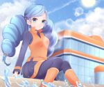  1girl ace_trainer_(pokemon) arm_support belt blue_hair blurry blurry_background boots breasts building closed_mouth clouds collared_vest commentary_request day from_below hair_tie highres lens_flare long_sleeves looking_at_viewer npc_trainer orange_footwear orange_vest outdoors pokemon pokemon_(game) pokemon_bw shirt sitting sky smile solo sun takahara tied_hair twintails vest water water_drop 
