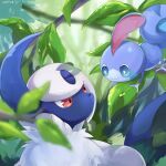  absol bright_pupils closed_mouth commentary_request eye_contact gen_3_pokemon gen_8_pokemon goma_(nabepa_nabepa) highres leaf looking_at_another no_humans pokemon pokemon_(creature) red_eyes sobble starter_pokemon translation_request 