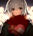 1girl absurdres bangs black_jacket blurry blurry_background blush box closed_mouth depth_of_field envelope eyebrows_visible_through_hair gift gift_box grey_eyes grey_hair hair_between_eyes heart-shaped_box highres holding holding_gift jacket looking_at_viewer onimaru_gonpei original red_scarf scarf short_hair smile solo valentine 