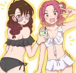  2girls :d :o alternate_hairstyle ass bangs bikini bikini_skirt black_bikini bracelet brown_eyes brown_hair commentary_request cup disposable_cup drinking_straw fang frilled_bikini frills from_behind girls_und_panzer green-framed_eyewear hair_down hair_ornament hair_tie hair_up hairclip highres holding holding_cup jewelry kaisen_(kaisen3team) long_hair looking_at_viewer looking_back low-tied_long_hair medium_hair multiple_girls notice_lines off-shoulder_bikini off_shoulder open_mouth redhead rosehip_(girls_und_panzer) round_eyewear rukuriri_(girls_und_panzer) shell_hair_ornament side-tie_bikini smile standing sunglasses swimsuit twitter_username w white_bikini 
