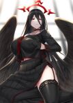  1girl bangs black_gloves black_hair black_skirt black_wings blue_archive blurry blurry_background breasts choker closed_mouth clothes_writing collarbone feathered_wings gloves hair_between_eyes half-closed_eyes half_gloves halo hasumi_(blue_archive) long_hair looking_at_viewer minarai mole mole_under_eye necktie pleated_skirt red_eyes red_neckwear sailor_collar school_uniform self_fondle shiny shiny_hair skirt solo thigh-highs thighs very_long_hair wings 