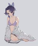  1girl bare_shoulders bra breasts butterfly_hair_ornament closed_mouth collarbone eyebrows_visible_through_hair grey_background hair_ornament highres jason_kim kimetsu_no_yaiba kochou_shinobu looking_at_viewer medium_breasts purple_hair short_hair simple_background sitting smile solo underwear violet_eyes yokozuwari 