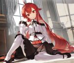  1girl ahoge black_skirt closed_mouth commentary_request curtains eris_greyrat eyebrows_visible_through_hair hand_up highres indoors long_hair looking_at_viewer mushoku_tensei pantyhose red_eyes redhead shirt sitting skirt solo sukocchi very_long_hair white_legwear white_shirt window 