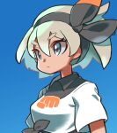  1girl bangs bea_(pokemon) black_hairband blue_background blurry bow_hairband closed_mouth collared_shirt commentary expressionless eyelashes grey_eyes grey_hair gym_leader hair_between_eyes hairband highres hyou_(hyouga617) pokemon pokemon_(game) pokemon_swsh print_shirt shirt short_hair short_sleeves simple_background solo tied_shirt upper_body 