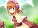  1girl acolyte_(ragnarok_online) bangs blue_eyes blue_sky blush brown_dress brown_hair capelet clouds commentary_request day doridori dress flower hair_between_eyes hair_flower hair_ornament hat holding holding_weapon long_sleeves looking_at_viewer looking_to_the_side mace medium_hair open_mouth outdoors purple_flower ragnarok_online red_flower sky solo spiked_mace tree upper_body weapon white_capelet white_headwear 