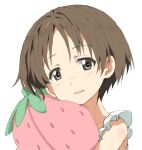  1girl bangs brown_eyes brown_hair commentary eyebrows_visible_through_hair girls_und_panzer holding holding_pillow kayabakoro looking_at_viewer maruyama_saki open_mouth pillow portrait short_hair simple_background sleepwear smile solo strawberry_pillow white_background 