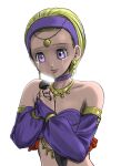  1girl bare_shoulders blonde_hair bridal_gauntlets chinyan commentary_request crying crying_with_eyes_open detached_sleeves dragon_quest dragon_quest_xi earrings hairband highres holding holding_knife jewelry knife midriff necklace purple_hairband purple_sleeves senya_(dq11) short_hair solo tears upper_body violet_eyes 