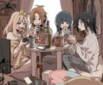 4girls antenna_hair bangs barefoot black_eyes black_hair blonde_hair blue_eyes blush bottle bow brown_eyes brown_hair can cardigan cellphone commentary_request controller drink drinking eyebrows_visible_through_hair food friends from_side full_body game_controller grey_hair grey_pants grey_shirt hair_bow hair_ornament hibike!_euphonium holding holding_can holding_controller holding_game_controller indoors kasaki_nozomi long_hair long_sleeves looking_at_another looking_at_viewer multiple_girls nakagawa_natsuki nose_blush open_mouth pants parted_bangs phone pillow plant playing ree_(re-19) room scarf shirt short_eyebrows short_ponytail sidelocks sitting smartphone smile table teeth television tin_can translation_request yellow_bow yellow_scarf yoroizuka_mizore yoshikawa_yuuko