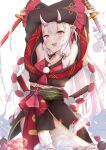  1girl :d armpits arms_up bangs bell black_kimono checkered commentary_request dual_wielding eyebrows_visible_through_hair fang hair_bell hair_between_eyes hair_bun hair_ornament hakuya_(white_night) highres holding holding_sword holding_weapon hololive horns japanese_clothes jingle_bell katana kimono long_hair long_sleeves multicolored_hair nakiri_ayame obi off_shoulder oni oni_horns open_mouth red_eyes redhead sash side_bun silver_hair sleeves_past_wrists smile solo streaked_hair sword very_long_hair virtual_youtuber weapon white_background wide_sleeves 