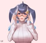  1girl anchor_hair_ornament blowhole blue_eyes blue_hair blue_whale_(kemono_friends) blush commentary_request dorsal_fin eyebrows_visible_through_hair glasses grey_hair hair_ornament hands_on_eyewear highres kemono_friends long_hair long_sleeves looking_at_viewer multicolored_hair open_mouth smile solo sweater takebi turtleneck turtleneck_sweater upper_body white_sweater 