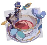  1boy black_gloves black_hair blue_eyes blue_headwear cup food gloves hacobox hat hat_belt holding holding_spoon long_sleeves macaron miniboy one_eye_closed original oversized_object shadow short_hair signature sitting smile solo spoon teacup top_hat vest 