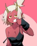  1girl aqua_nails black_camisole camisole colored_skin earrings english_commentary hand_up horns jewelry meisha_(scott_malin) original parted_lips pink_background pointy_ears red_skin scott_malin solo strap_slip upper_body white_hair yellow_eyes 