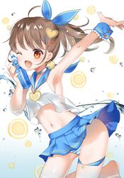  1girl absurdres arm_up armpits breasts brown_hair bubble fang food fruit heart highres looking_at_viewer medium_breasts medium_hair nail_polish navel orange orange_eyes orange_nails orange_slice original panties ponytail smile solo striped striped_panties tsukimiya_sara underwear 