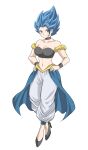  1girl alternate_costume blue_eyes blue_hair bracelet choker closed_mouth collarbone dragon_ball dragon_ball_super genderswap genderswap_(mtf) gogeta hands_on_hips high_heels highres jewelry light_smile looking_at_viewer pants solo spiky_hair super_saiyan super_saiyan_blue taka_lovecheese waist_cape white_pants 