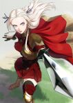  1girl cape edelgard_von_hresvelg fire_emblem fire_emblem:_three_houses gloves hair_ornament hair_ribbon highres long_hair looking_at_viewer mueririko red_cape ribbon simple_background skirt solo sword thigh-highs violet_eyes weapon white_hair 