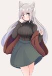  1girl absurdres animal_ears bangs biba_eichi black_sweater blush breasts brown_jacket eyebrows_visible_through_hair fox_ears fox_girl grey_eyes grey_skirt head_tilt highres indie_virtual_youtuber jacket large_breasts long_hair looking_at_viewer nerine_(vtuber) off_shoulder ribbed_sweater skirt smile solo sweater virtual_youtuber wide_sleeves 