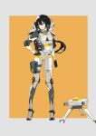  1girl absurdres black_gloves covered_navel gloves hair_between_eyes hand_on_hip highres long_hair mecha_musume original parted_lips pouch robot science_fiction signature standing thigh_pouch tube two-tone_background wire yellow_eyes ziyue 
