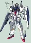  absurdres blue_eyes clenched_hand green_background gun gundam highres holding holding_gun holding_weapon kuroba_yotsuha mecha mobile_suit no_humans original science_fiction shield solo standing v-fin weapon 