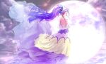  1girl backless_dress backless_outfit bangs cure_selene dress floating_hair full_moon high_ponytail highres kyoutsuugengo long_dress long_hair looking_back moon precure purple_hair shiny shiny_hair shoulder_blades solo standing star_twinkle_precure very_long_hair 