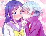  ! 1boy 1girl ahoge blue_eyes blue_hair blush choker closed_eyes closed_mouth collarbone collared_shirt couple dokidoki!_precure embarrassed head_wings hetero hishikawa_rikka imminent_kiss ira_(dokidoki!_precure) jacket kiss_day kyoutsuugengo long_hair precure purple_jacket purple_sailor_collar red_choker red_shirt sailor_collar sailor_shirt shiny shiny_hair shirt silver_hair speech_bubble sweatdrop white_shirt yellow_neckwear 