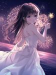  1girl absurdres bangs bare_arms bare_shoulders black_hair blush dress eyebrows_visible_through_hair fireworks from_side hair_between_eyes highres holding holding_sparkler huge_filesize long_hair looking_at_viewer myowa night night_sky original outdoors parted_lips ribbon sky solo sparkler sundress tears violet_eyes water white_dress white_ribbon 