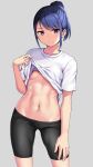  1girl abs bangs bike_shorts blue_hair breasts collarbone grey_background hashi lifted_by_self looking_at_viewer navel no_bra original ponytail shirt shirt_lift short_hair short_sleeves simple_background small_breasts solo standing violet_eyes white_shirt 