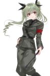  1girl anchovy_(girls_und_panzer) anzio_military_uniform bangs belt black_neckwear black_ribbon boots brown_eyes commentary drill_hair eyebrows_visible_through_hair girls_und_panzer green_hair grey_pants hair_ribbon hand_on_hip highres holding knee_boots long_hair looking_at_viewer mexifime necktie pants parted_lips ribbon riding_crop sam_browne_belt simple_background smile solo standing twin_drills twintails white_background wind 