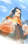  1boy blue_eyes blue_sky clouds cloudy_sky food from_below giving highres holding holding_food long_sleeves looking_at_viewer orange_scarf pinghu_lxh scarf sky smile solo the_legend_of_luo_xiaohei upper_body winter_clothes wuxian_(the_legend_of_luoxiaohei) 