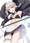  1girl apron artoria_pendragon_(all) artoria_pendragon_(alter_swimsuit_rider)_(fate) bangs bikini black_bikini black_jacket black_legwear black_skirt braid breasts choker fate/grand_order fate_(series) french_braid frilled_bikini frilled_choker frills hair_bun highres hood hoodie jacket leg_garter long_hair long_sleeves looking_at_viewer maid_bikini maid_headdress medium_breasts miniskirt mop navel nonderi open_clothes open_hoodie sidelocks skirt swimsuit thigh-highs waist_apron white_apron yellow_eyes 